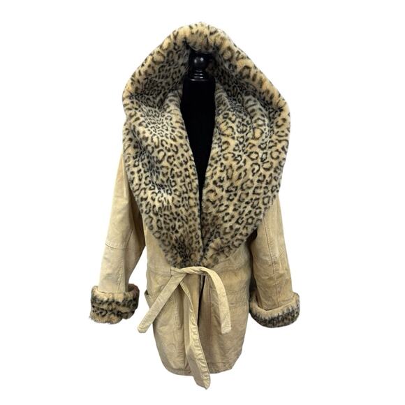Vintage Suede Coat L Leopard Faux Fur Hood Drama Maxi Collar Belted Boho - Picture 1 of 14